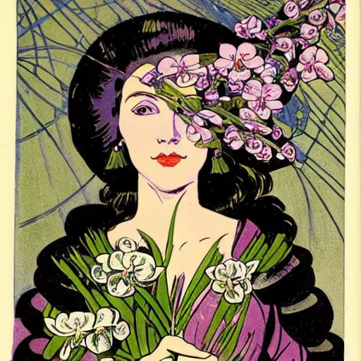 Image similar to a royal portrait of a cyborg woman. she holds a globe in one hand and flowers in the other. illustrated by burton rice. black orchids. 1 9 1 2.