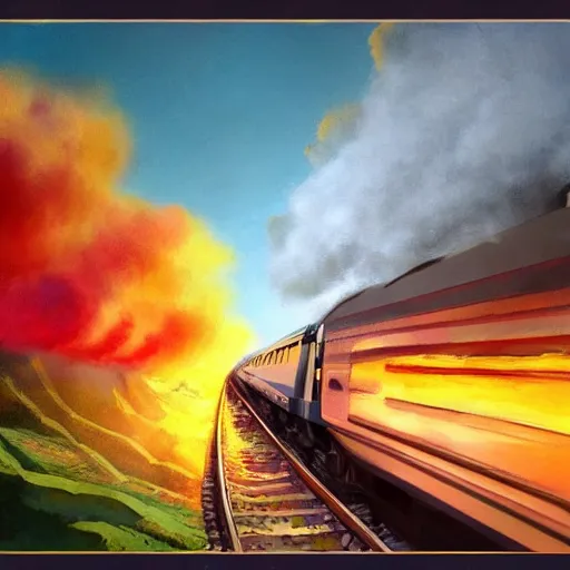 Prompt: train billowing smoke as it goes over a mountain, concept art, illustrated, highly detailed, high quality, bright colors, optimistic,
