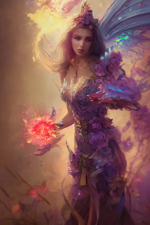 Image similar to beautiful girl necromancer, magical fairy exploding into flowers, angels, 3 d render, hyper - realistic detailed portrait, holding fire and electricity rainbow, ruan jia, wlop. scifi, fantasy, magic the gathering, hyper detailed, octane render, concept art, peter mohrbacher