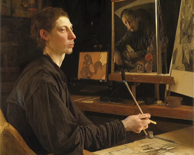 Prompt: an exhausted painter in his dimly lit studio by edgar maxence and caravaggio and michael whelan, intricate painting, hyper realistic, extremely detailed and beautiful aesthetic face, 8 k resolution