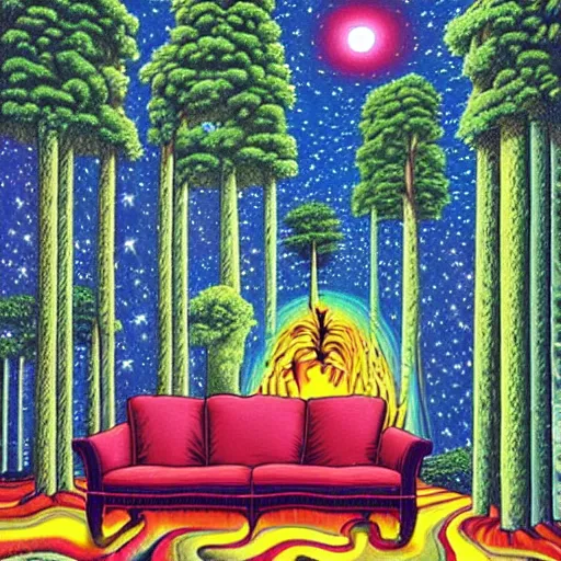 Prompt: psychedelic trippy happy couch pine forest, planets, milky way, sofa, cartoon by rob gonsalves