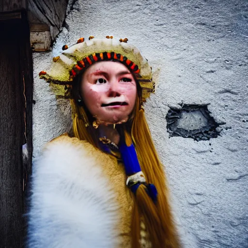 Prompt: ethnographic portraiture photograph of an extremely beautiful!!!! young blonde woman with symmetric face. wearing traditional greenlandic national dress. in front of her house. petzval lens. shallow depth of field. on flickr, award winning. national geographic