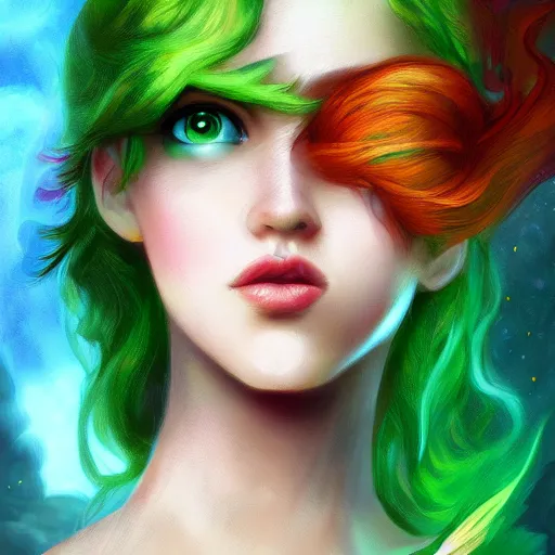 Image similar to a beautiful stunning fantasy whimsical matte digital portrait illustration of a pretty womam with bright green eyes and fiery red hair with a green bird on her shoulder, in the style of Ross Tran, trending on artstation, contest winner