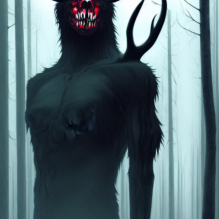 Image similar to style artgerm, joshua middleton, tim jacobus, scary wendigo with antlers and skull face mixed with werewolf, in the forest, detailed, dark and foggy, cinematic lighting