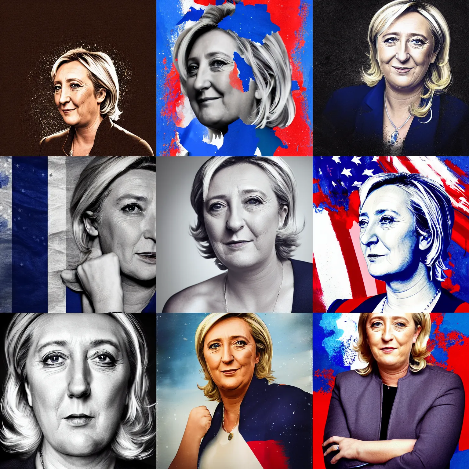 Prompt: Portrait Marine Le Pen, patriotic, amazing splashscreen artwork, splash art, head slightly tilted, natural light, elegant, intricate, fantasy, atmospheric lighting, cinematic, matte painting