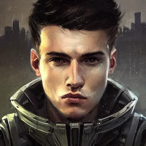 Image similar to Portrait of a man by Greg Rutkowski, he is about 20 years old, mixture turkish and russian, short dark blonde hair with bangs, attractive, angry but resigned look, he is wearing a futuristic tactical gear, highly detailed portrait, scifi, digital painting, artstation, concept art, smooth, sharp foccus ilustration, Artstation HQ.