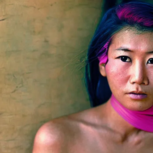 Image similar to a beautiful asian woman with pink hair and tan skin, portrait photograph, nikon 3 5 mm, photograph by annie leibovitz and steve mccurry,
