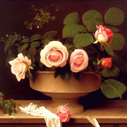 Image similar to A highly detailed and realistic rose, flourished, French Renaissance painting, still life, 4K, oil painting on canvas. By William Adolphe Bouguereau and Barret Frymire