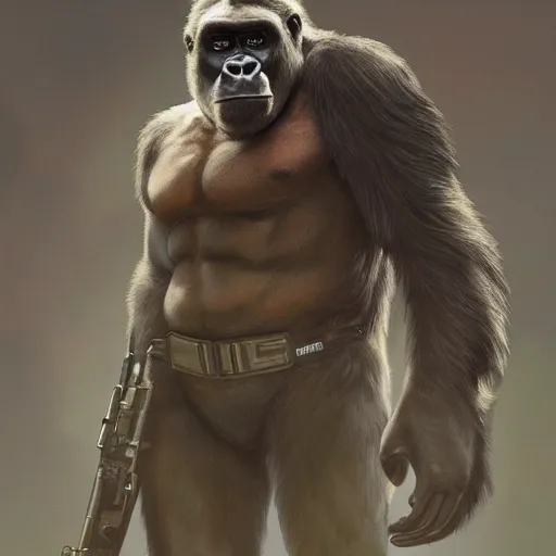 Image similar to detailed science - fiction character portrait of a gorilla with a gun, wild, highly detailed, digital painting, artstation, concept art, smooth, sharp focus, illustration, art by artgerm and greg rutkowski and alphonse mucha