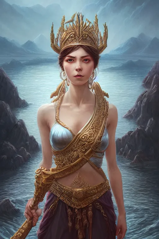 Image similar to goddess of lake, highly detailed, d & d, fantasy, highly detailed, digital painting, trending on artstation, concept art, sharp focus, illustration, art by artgerm and greg rutkowski and fuji choko and viktoria gavrilenko and hoang lap