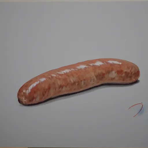 Prompt: sausage painted on white paper by old child, anatomically correct, unreal engine 5, hyper realistic, 8 k highly detailed