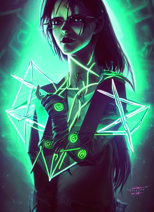 Prompt: portrait of cyberpunk inspired evangelion lady voidstar drawing a pentagram, runes, runic words, ancient evil letters, glowing green, intricate, elegant, glowing lights, highly detailed, digital painting, artstation, concept art, smooth, sharp focus, illustration, art by wlop, mars ravelo and greg rutkowski