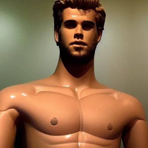 Image similar to “a realistic detailed photo of a guy who is an attractive humanoid who is half robot and half humanoid, who is a male android, actor Liam Hemsworth, shiny skin, posing like a statue, blank stare, at the museum, on display”