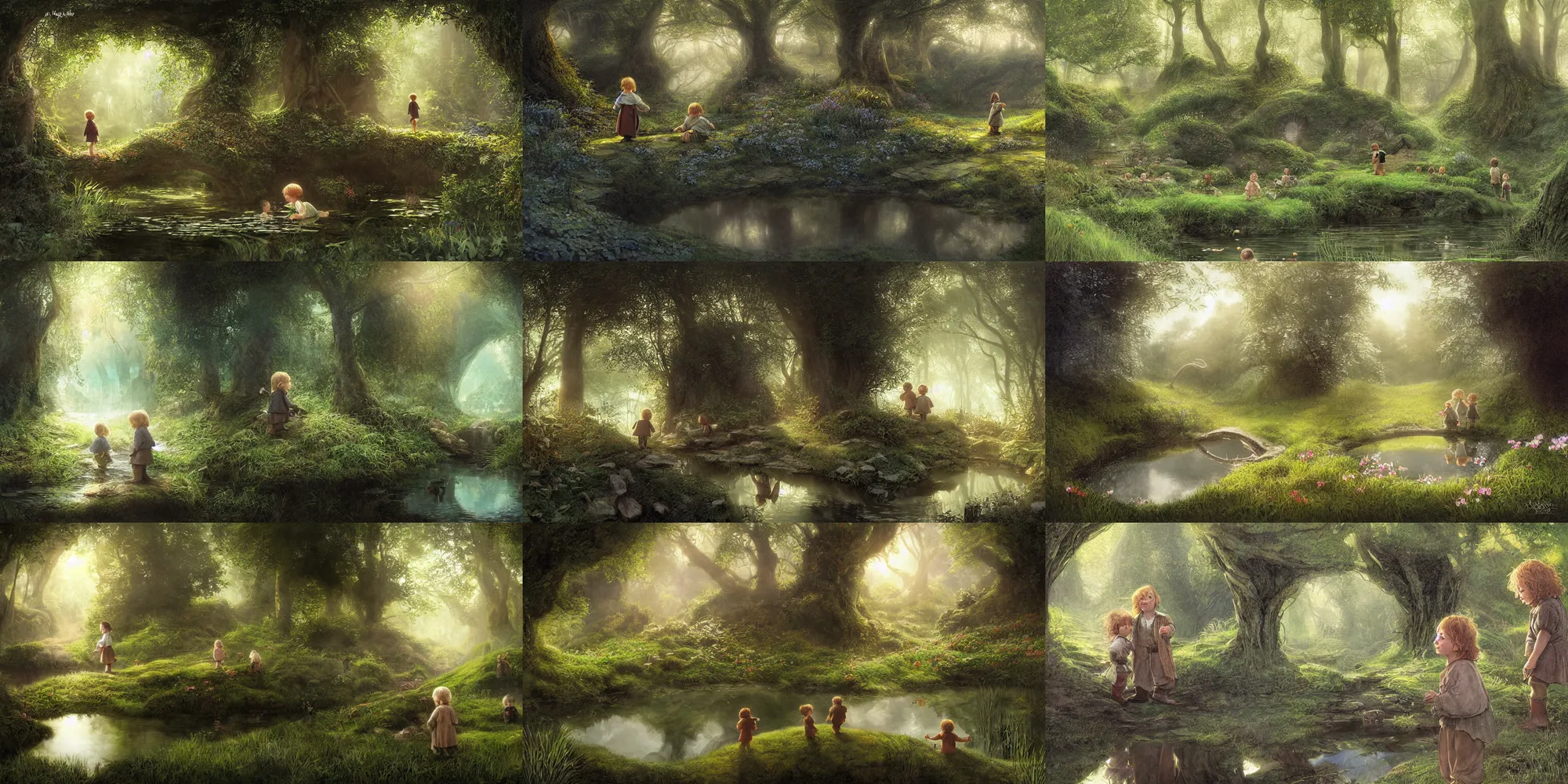 Prompt: two hobbit children backlit near a mirror like pond, by alan lee, springtime flowers and foliage in full bloom, dark foggy forest background, sunlight filtering through the trees, digital art, art station.