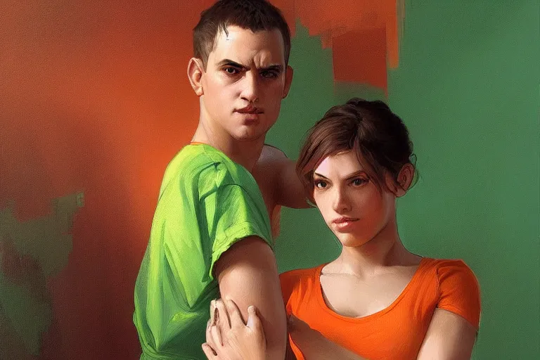 Image similar to portrait of a man in orange t - shirt wrestling with a girl in green dress, highly detailed, digital painting, artstation, concept art, smooth, sharp focus, illustration, art by artgerm and greg rutkowski and alphonse mucha