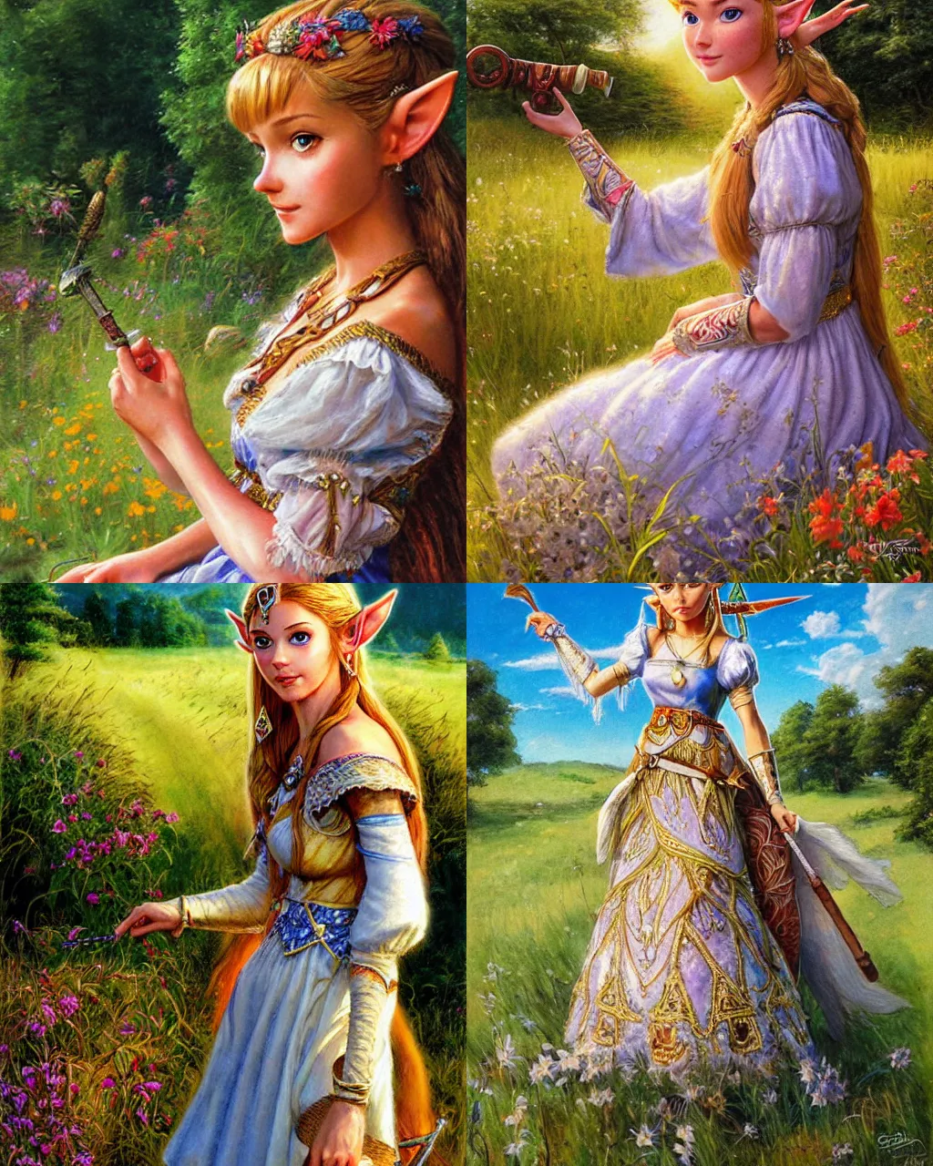 Prompt: portrait, princess zelda wearing a beautiful summer dress in the countryside, by greg staples and jeff easley, beautiful scene, hyperrealistic, intricate, summer day, sunlight, cheerful, soft lighting, detailed