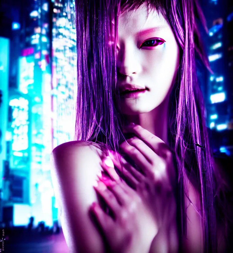 Image similar to a photo close up a cyberpunk female supermodel, shibuya prefecture, midnight, photorealistic, cinematic color, studio lighting, highly detailed, bokeh, style by tomino - sama