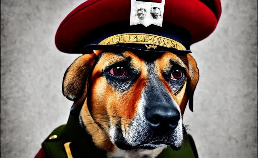 Prompt: portrait of a dog dressed as a military officer, digital art, natural light, sharp, detailed face, magazine