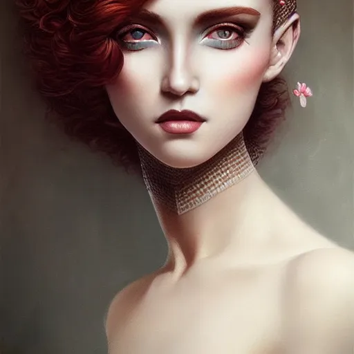 Image similar to tom bagshaw portrait, very beautiful blesed dollpunk in a full dress and long thin lustrous auburn hair, professionally retouched, ultra realistic soft painting, perfectly detailed linework, symmetrical accurate intricate features, behance, focus