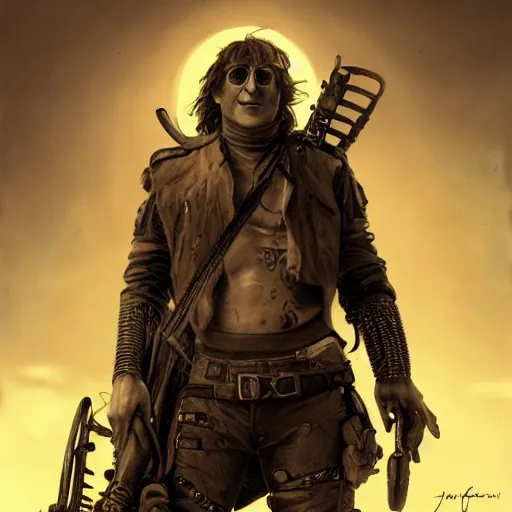 Image similar to john lennon as a mad max villain, ultra realistic, concept art, intricate details, highly detailed, photorealistic, octane render, 8 k, unreal engine, art by frank frazetta, simon bisley, brom