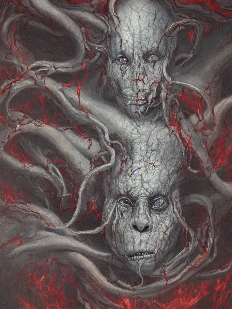 Image similar to painting by wayne barlowe of a flying sorrowful looking severed human head with tears running down it's eyes, face that is chalk white in color, with long sprawling white tentacles stemming down it's neck, fiery scorching red eyes, flying inside a terrifying hellish cave with lava flowing through it's walls, 4 k