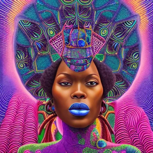 Image similar to a regal and heroic african queen with a colorful afro sitting in a cabana near a large steampunk pyramid near a pink river with a large glowing baobab tree, by amanda sage and alex grey and evgeni gordiets in a surreal psychedelic style, symmetrical, detailed eyes, oil on canvas 8k, hd