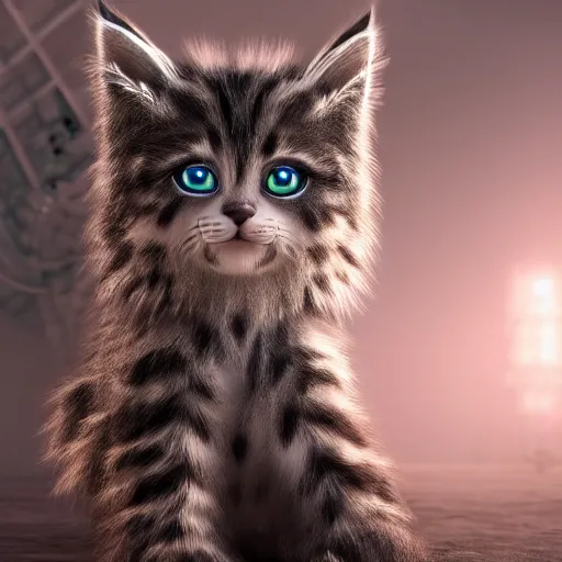 Image similar to full body pose, hyperrealistic photograph of a monster kitten, dim volumetric lighting, 8 k, octane beautifully detailed render, extremely hyper detailed, intricate, epic composition, cinematic lighting, masterpiece, trending on artstation, very very detailed, stunning, hdr, smooth, sharp focus, high resolution, award, winning photo, dslr, 5 0 mm