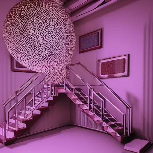 Prompt: a room with a staircase and a disco ball, a 3 d render by mor than, trending on tumblr, crystal cubism, vaporwave, retrowave, synthwave