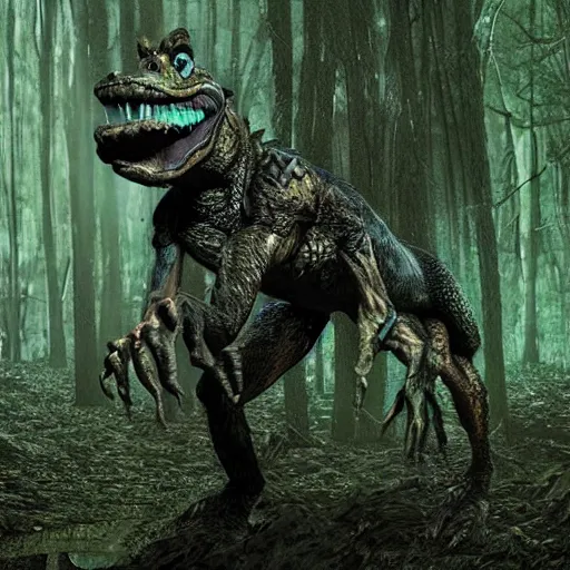 Image similar to werecreature consisting of a alligator and a human, werealligator, photograph captured in a dark forest