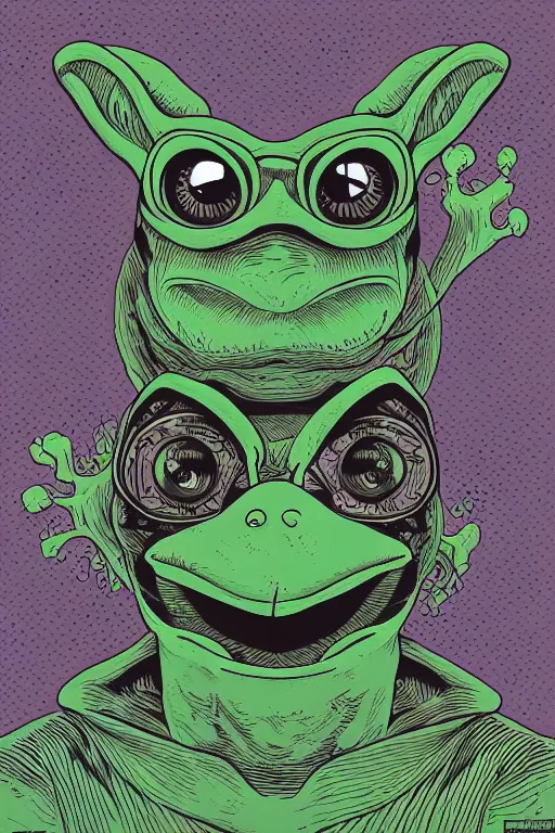 Prompt: portrait of eerie frog in the style of Rob Lefield and Dan Mumford , trending on artstation, digital art,surrealism ,macro,blueprint ,vaporwave ,