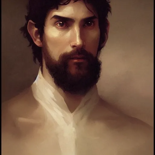 Image similar to a fantasy portrait painting of a half - elf gentleman, art greg rutkowski and william - adolphe bouguereau