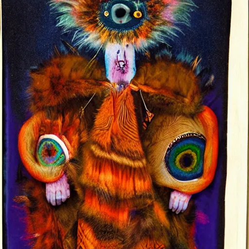 Image similar to a photography of a shamanic creature with big painted eyes and multiple layers of fabric and fur by charles freger