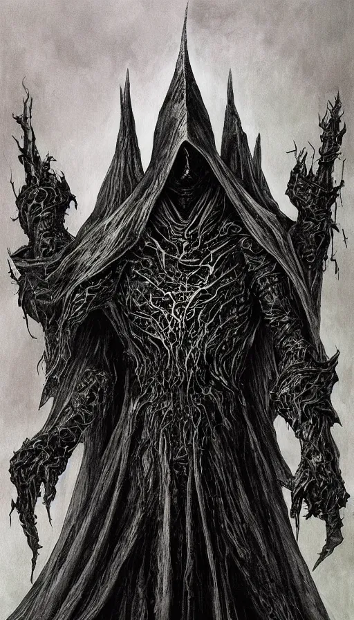 Image similar to Lord of the Rings themed painting of symmetrical torso black and emerald Ringwraith Nazgul armor with extended evil armored hands concept, intricate artwork by H.R. Giger, Johnatan Wayshak, Zdizslaw Beksinski, Ayami Kojima, Amano, Karol Bak, Moebius, and Mark Brooks, Neo-Gothic, gothic, rich deep colors, art by Takato Yamamoto, masterpiece, face by Artgerm, very coherent artwork, cinematic, hyper realism, high detail, octane render, unreal engine, 8k, High contrast, golden ratio, trending on cgsociety