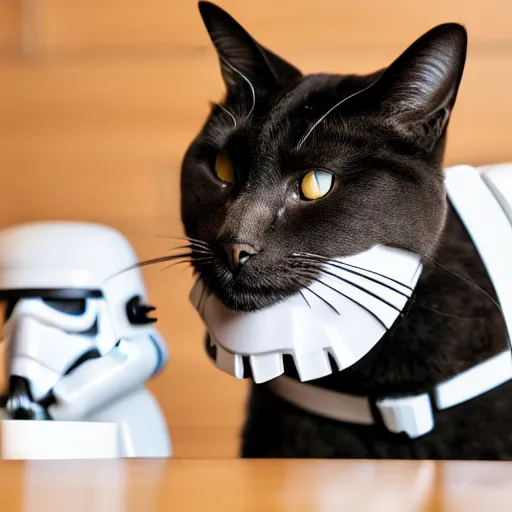 Image similar to a cat wearing a stormtrooper helmet while on the kitchen table, 40nm lens, shallow depth of field, split lighting, 4k,