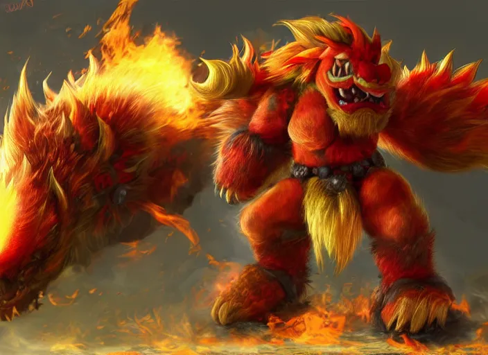 Image similar to detailed concept art of a huge giant fire bowser by cheng yi and luolin, aartstation, artstationhd, detailed scales, spiky and red hair tuft green scales. bowser, bowser nintendo, koopa, ~ bowser # bowser ( ( mario ) ) bcy. net, realistic. cheng yi, fire breathing. bowser