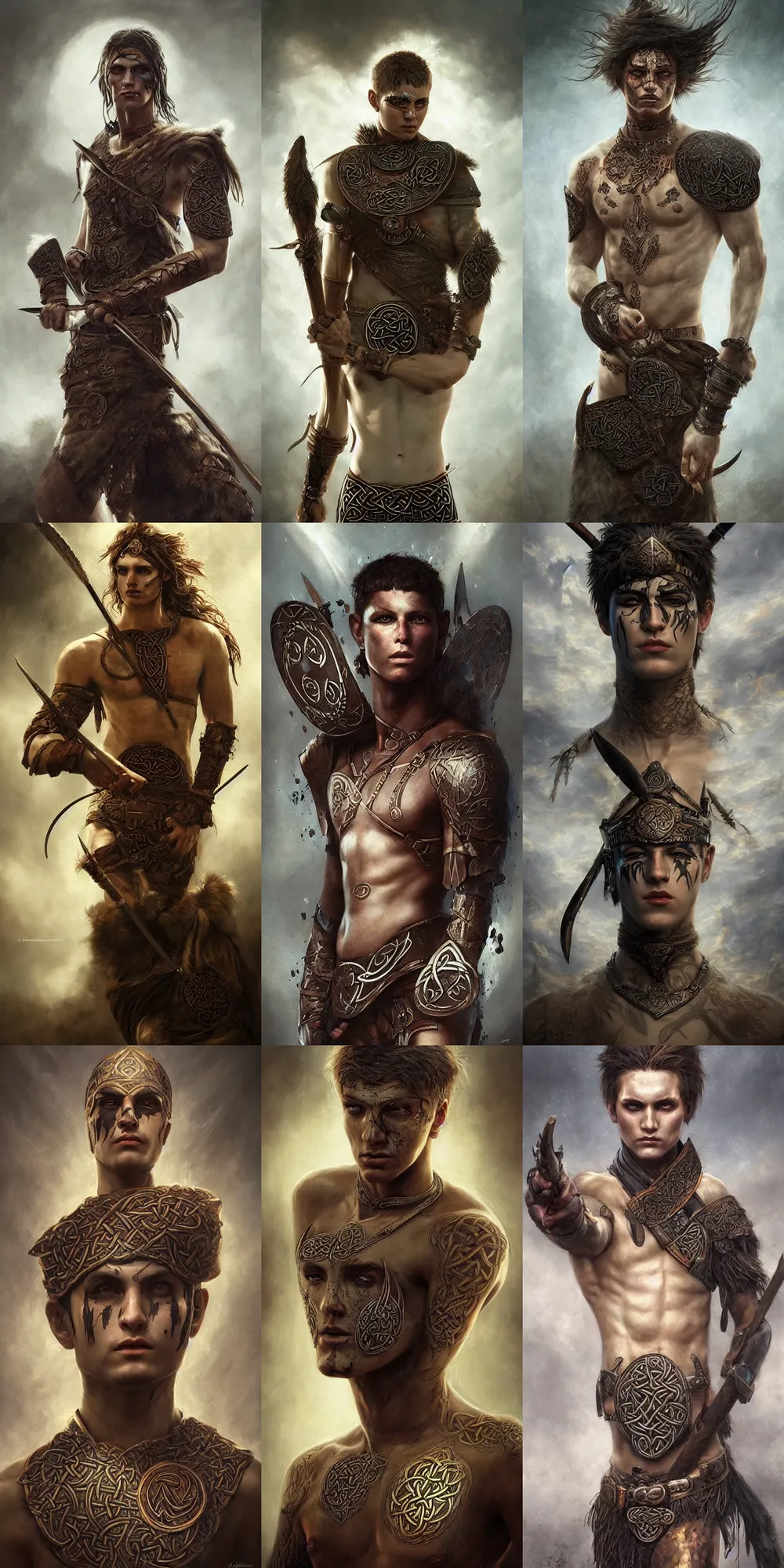 Prompt: celtic pict warrior with warpaint patterns on his bare skin, epic painting dramatic lighting, painted by artgerm and tom bagshaw