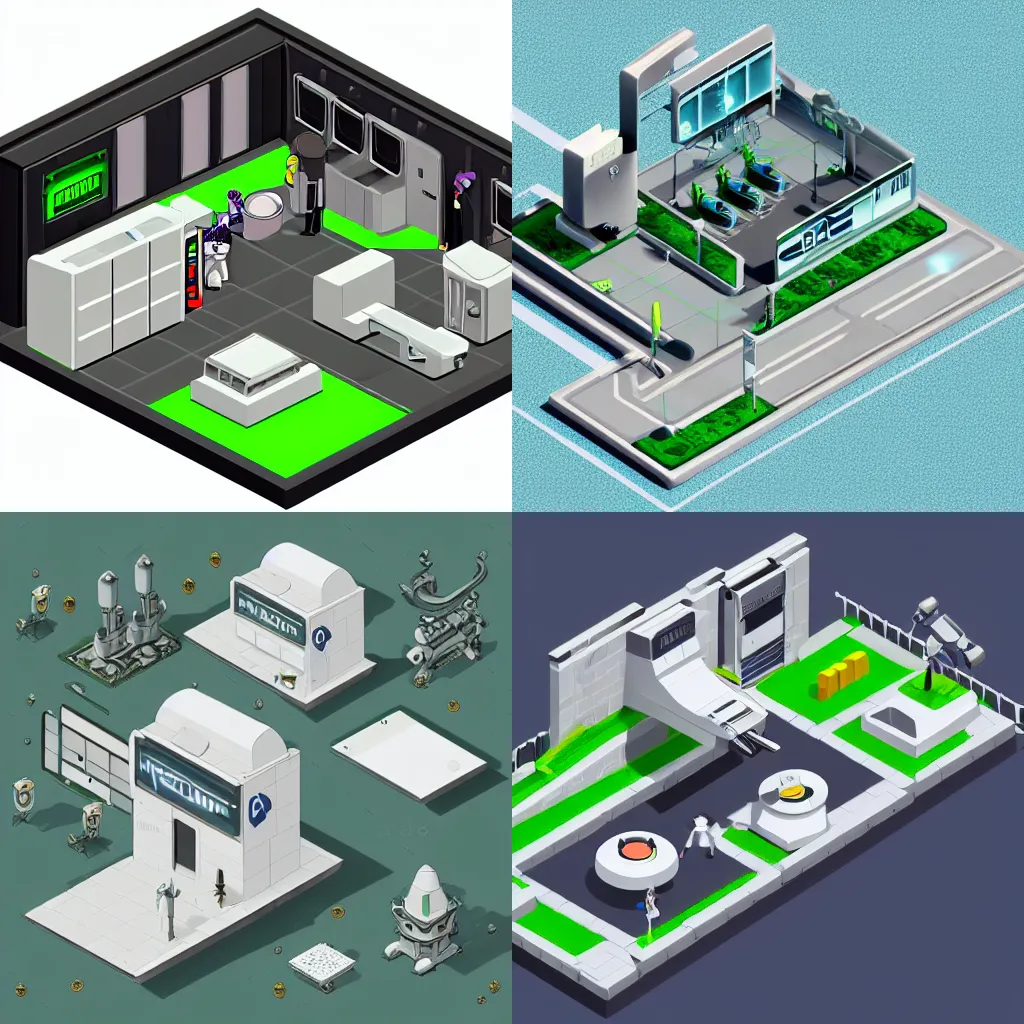 Prompt: isometric concept art of a futuristic police station, pale greens and whites, nier automate spaceship style, anime style, 3d