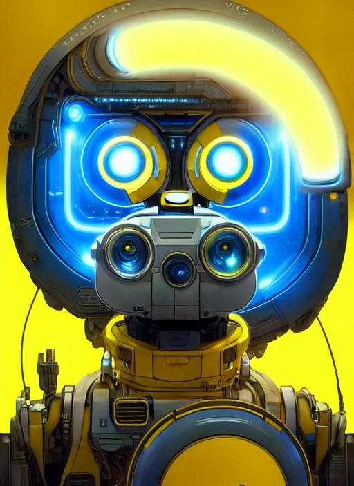 Image similar to symmetry!! portrait of wall - e, sci - fi, tech wear, blue and yellow glowing lights!! intricate, elegant, highly detailed, digital painting, artstation, concept art, smooth, sharp focus, illustration, art by artgerm and greg rutkowski and alphonse mucha