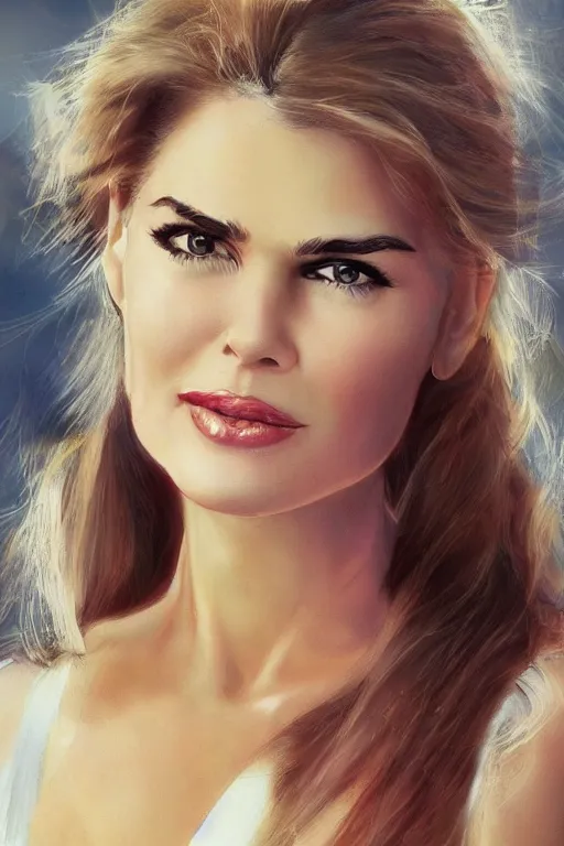 Image similar to mix of beautiful young maria shriver, mariel hemmingway, brooke shields, nicole kidman and elle macpherson as a young bikini model, thin lips, hair tied up in a pony tail, dark blonde hair, colorful, artstation, cgsociety