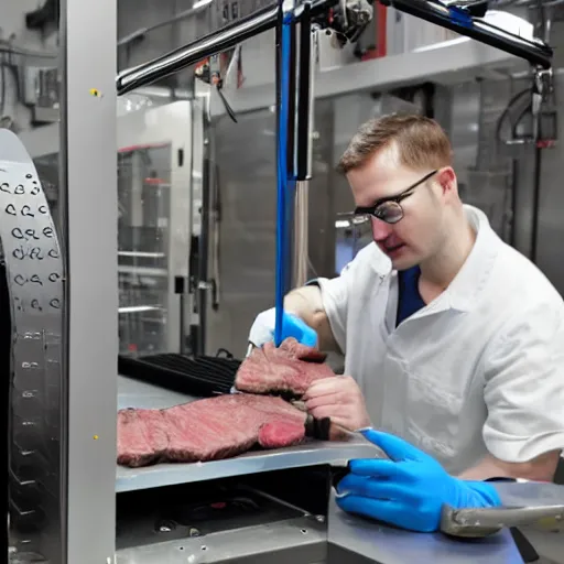 Image similar to 3 d printer printing a steak, in a factory, technician working