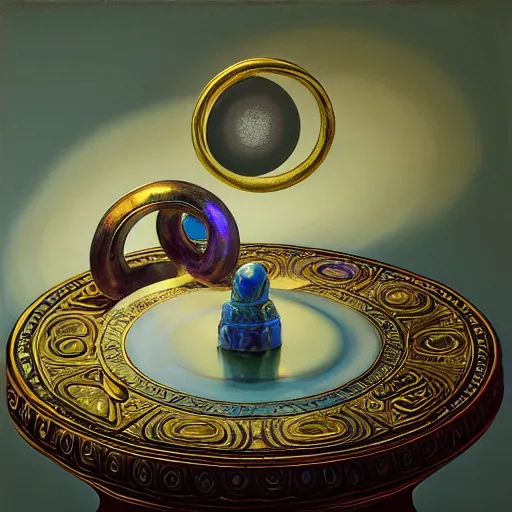 Prompt: in the center lays an ancient holy artifact, shaped like torus ring, chromed and ornate with gentle iridescent shine from within. the ring lays on top of a pedestal. the pedestal is in front of a dark misty balcony at night. perspective from the side. realistic light and shadows. moody fantasy art, table still life renaissance pastel painting.