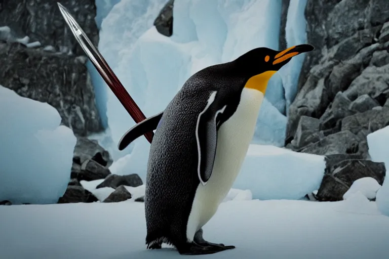 Image similar to vfx movie scene closeup penguin wearing fishbone armor holding a katana sword in a lush arctic. by emmanuel lubezki