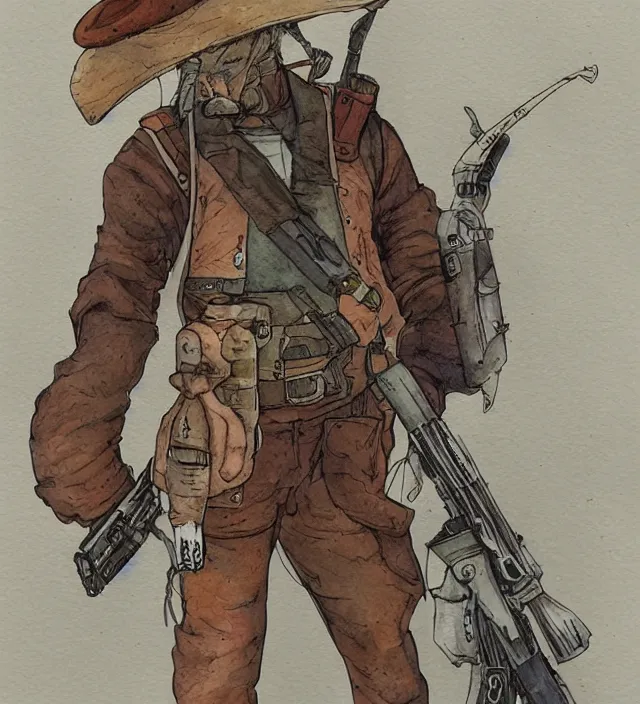 Image similar to a 3 / 4 view watercolor ink painting of an anthropomorphic bunny mercenary / gunslinger posing with their revolver - rifle in the style of jean giraud in the style of moebius trending on artstation deviantart pinterest detailed realistic hd 8 k high resolution