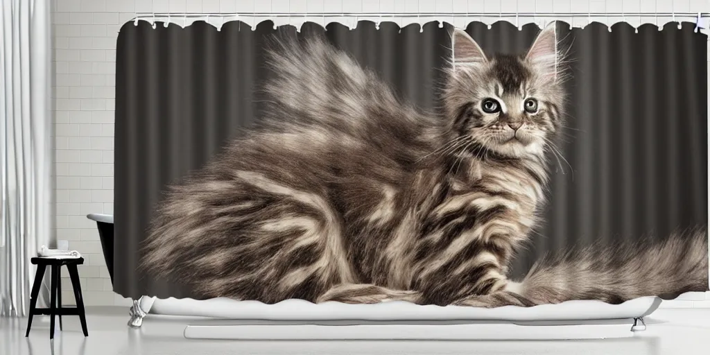 Image similar to a ( ( ( ( ( maine coon kitten ) ) ) ) ) in mandolorian ( tv ) artwork themed shower curtain, shower curtain. digital art. product photography. product lighting. 4 k, highly detailed. saturated.