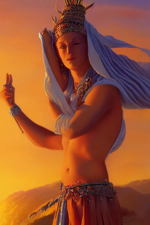 Image similar to the high Priestess of the sun god greets the day, 8k resolution digital painting by Michael Whelan, cinematic morning light