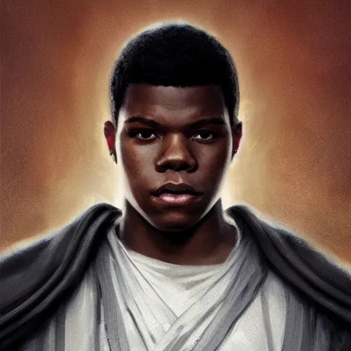 Image similar to portrait of a man by greg rutkowski, young jedi kinght that looks like john boyega, wearing jedi robes, star wars expanded universe, he is about 3 0 years old, highly detailed portrait, digital painting, artstation, concept art, smooth, sharp foccus ilustration, artstation hq