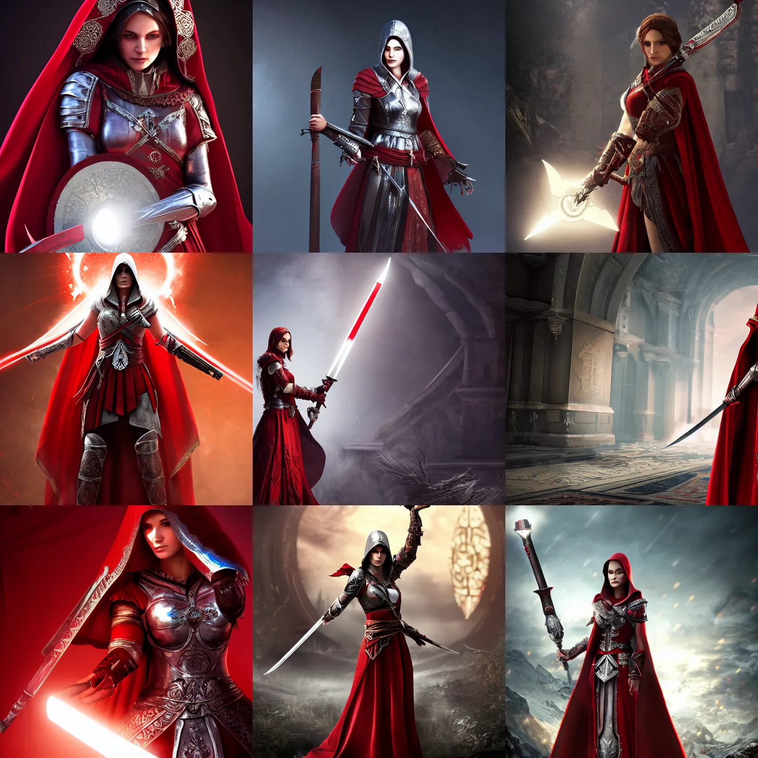 Prompt: a beautiful woman in a crimson cloak holding a glowing white spear and an obsidian shield, silver intricate armor, spotlight, ornate, realistic, cinematic lighting, sunbeams, volumetric lighting, assassins creed, 4 k