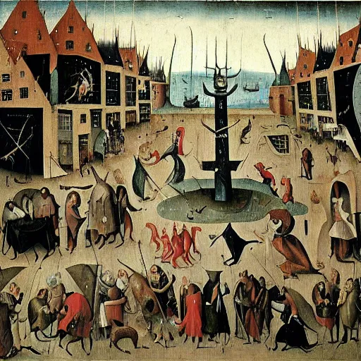 Image similar to hieronymous bosch painting of wall street filled with tortured bankers and suffering traders