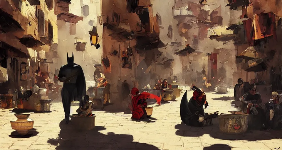 Image similar to Batman eat tajine in fez morrocco, digital art,ultra realistic,ultra detailed,art by greg rutkowski