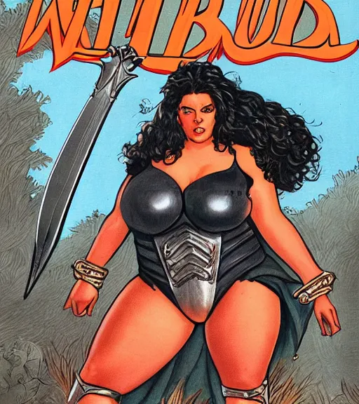Image similar to 1 9 8 0 s fantasy novel book cover, bbw plus size amazonian peyton list in extremely tight bikini armor wielding a cartoonishly large sword, exaggerated body features, dark and smoky background, low quality print